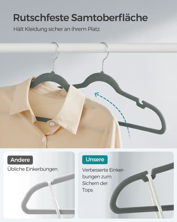 Rootz 50 Pack Velvet Tøjbøjler - Grå bøjler - Pladsbesparende bøjler - Skridsikre bøjler - Fløjlsmateriale - ABS plastik - Metalkrog - 43 cm x 22 cm -
