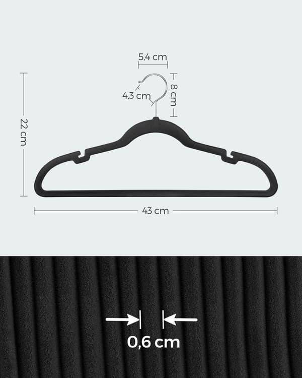 Rootz 50-pack sammetshängare - Svarta galgar - Platsbesparande galgar - Halkfria galgar - Sammetshängare - ABS-plast - Metallkrok - 43 cm x 22 cm - Lä
