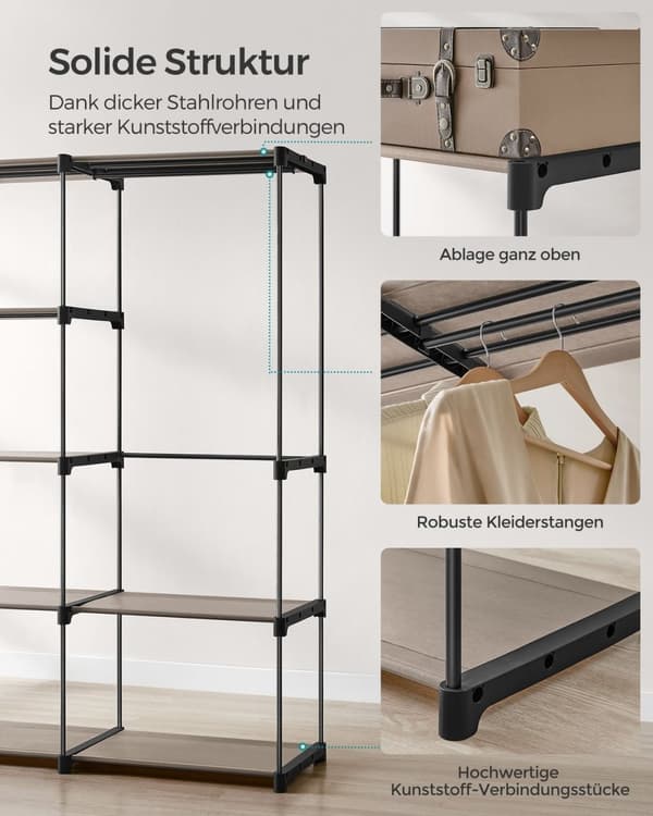 Rootz Åbent garderobeskab - Tøjstativ - Skabearrangør - Stålramme - Taupe - 182cm x 43cm x 182cm - Heavy Duty - Nem montering - Rummelig opbevaring