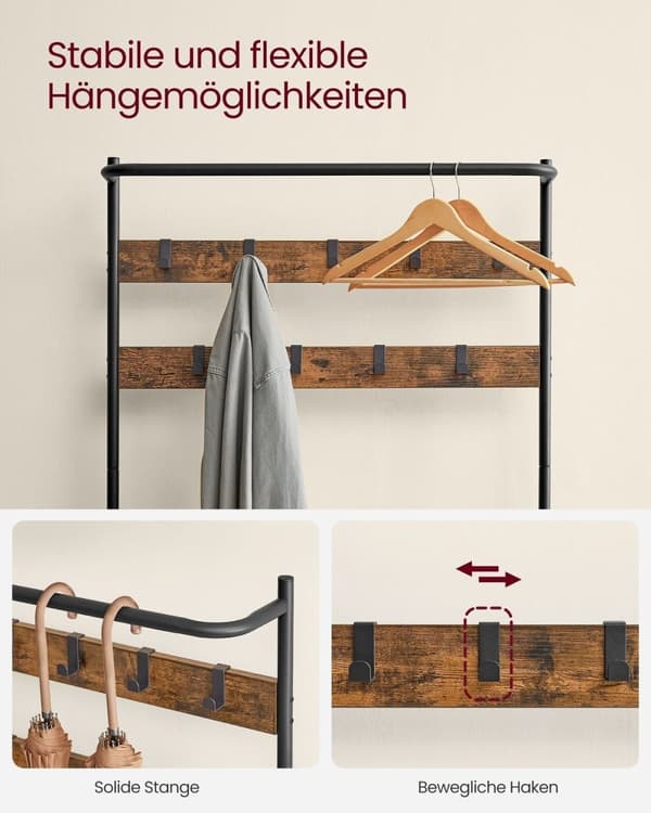 Rootz Vintage ruskea-musta naulakko - Vaatekaappiteline - Sisääntulojärjestäjä - Lastulevyrakenne - Teräsrunko - Polyesterikangasistuin - 32,2 cm x 84