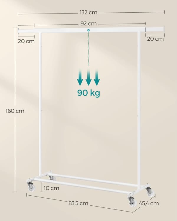 Rootz Classic White -vaateteline - Vaateteline - Pyörivä vaatekaappi - Teräsrakenne - PP-pyörät - Säädettävä korkeus - 45,4 cm x (92-132) cm x 160 cm