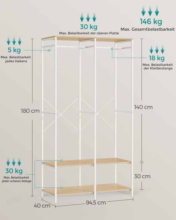 Rootz Tøjstativ Organizer - Tøjstativ - Garderobestativ - Stålspånplade - Kraftig - Naturlig beige - 40 cm x 94,5 cm x 180 cm