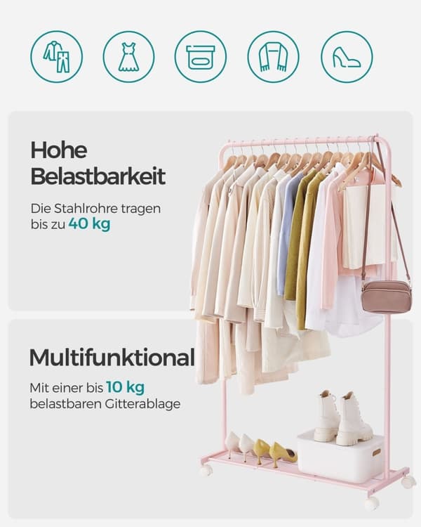 Rootz Pastel Pink tøjstativ på hjul - Tøjstativ - Rullegarderobe - Stålkonstruktion - 40,5 cm x 91 cm x 158 cm - Letvægts - Nem montering - Høj vægtka