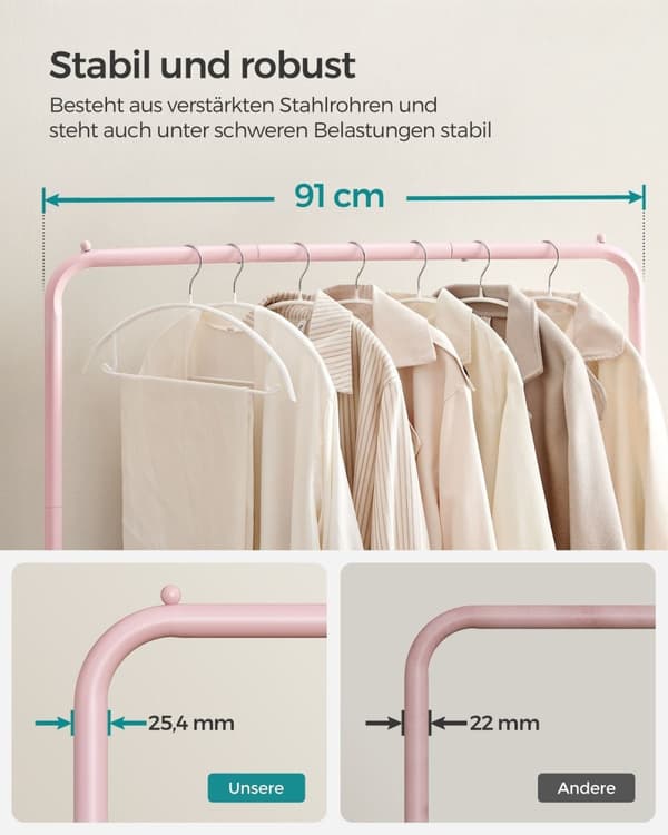 Rootz Pastel Pink tøjstativ på hjul - Tøjstativ - Rullegarderobe - Stålkonstruktion - 40,5 cm x 91 cm x 158 cm - Letvægts - Nem montering - Høj vægtka