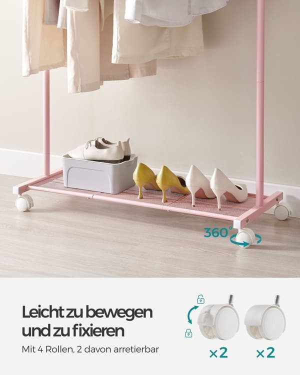 Rootz Pastel Pink tøjstativ på hjul - Tøjstativ - Rullegarderobe - Stålkonstruktion - 40,5 cm x 91 cm x 158 cm - Letvægts - Nem montering - Høj vægtka