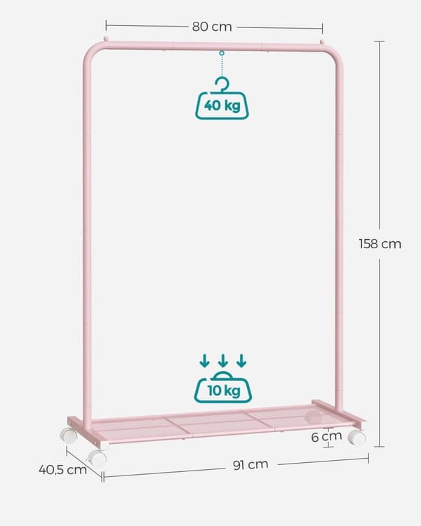 Rootz Pastel Pink tøjstativ på hjul - Tøjstativ - Rullegarderobe - Stålkonstruktion - 40,5 cm x 91 cm x 158 cm - Letvægts - Nem montering - Høj vægtka