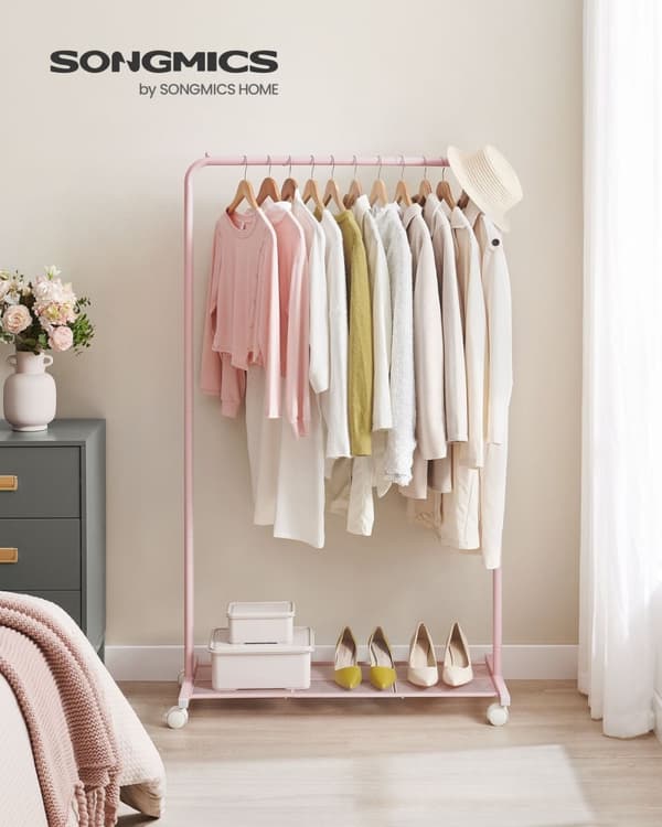 Rootz Pastel Pink tøjstativ på hjul - Tøjstativ - Rullegarderobe - Stålkonstruktion - 40,5 cm x 91 cm x 158 cm - Letvægts - Nem montering - Høj vægtka