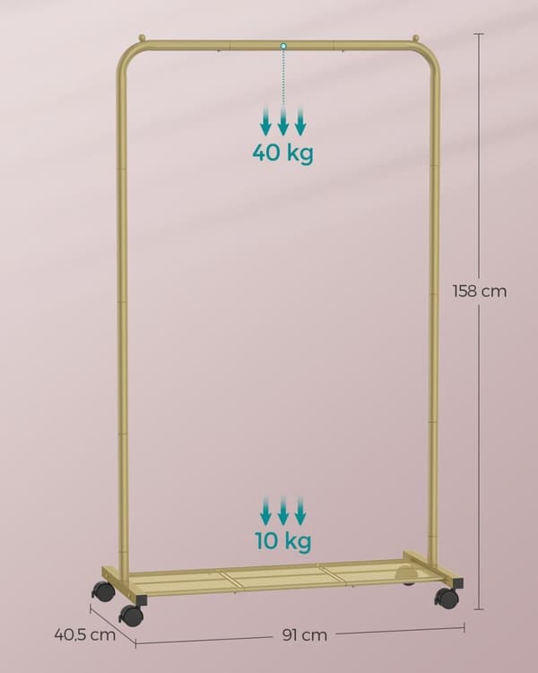 Rootz Gold Steel Klädställ på hjul - Klädställ - Rullande garderob - Kraftig - Bärbar - Enkel montering - 40,5 cm x 91 cm x 158 cm