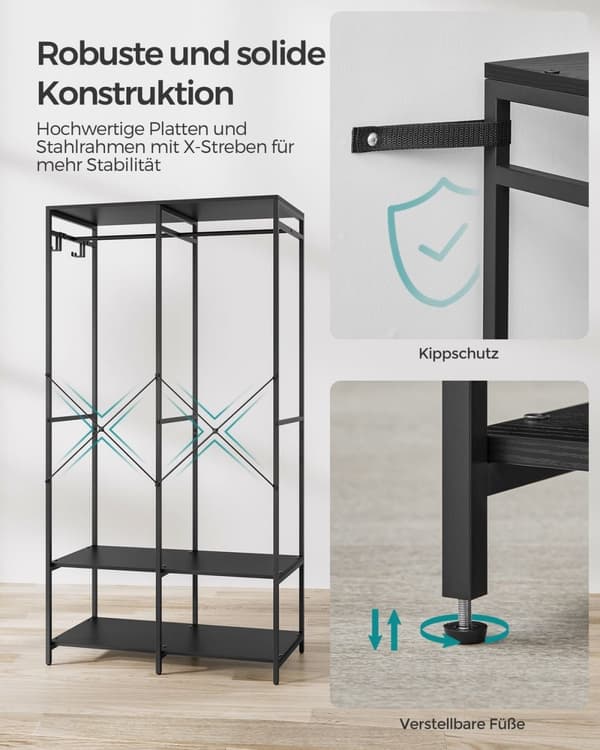 Rootz Klädställ - Klädställ - Garderobsskåp - Stålspånskiva - 40 cm x 94,5 cm x 180 cm - Ebenholtssvart - 14,8 kg - 146 kg Kapacitet