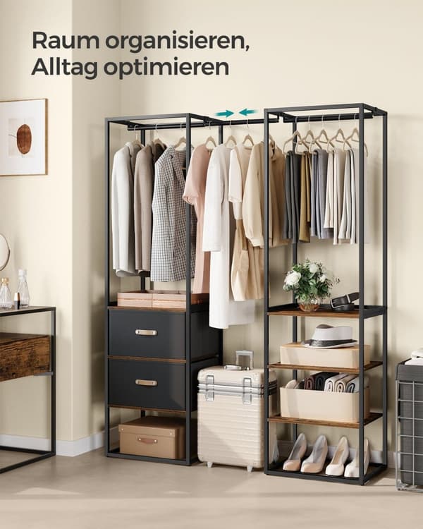 Rootz Vintage Brown Åben garderobe - Stålgarderobe - MDF-garderobe - Ikke-vævet stofgarderobe - Rummelig opbevaring - Udtrækkelig stang - Nem monterin