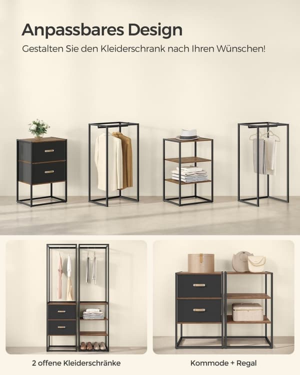 Rootz Vintage Brown Åben garderobe - Stålgarderobe - MDF-garderobe - Ikke-vævet stofgarderobe - Rummelig opbevaring - Udtrækkelig stang - Nem monterin
