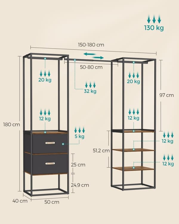Rootz Vintage Brown Åben garderobe - Stålgarderobe - MDF-garderobe - Ikke-vævet stofgarderobe - Rummelig opbevaring - Udtrækkelig stang - Nem monterin