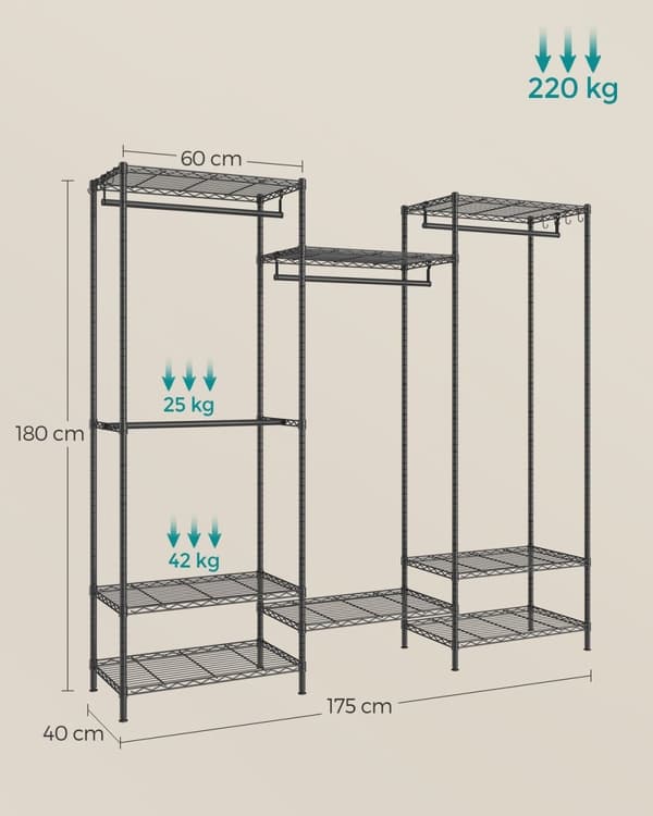 Rootz Steel -vaateteline - Vaateteline - Vaatekaapin järjestäjä - Heavy Duty - Muste musta - 40cm x 175cm x 180cm