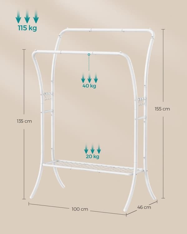 Rootz-vaateteline - Vaateteline - Teräsvaatekaappi - Heavy Duty - Pilvivalkoinen - 46cm x 100cm x 155cm - 5,4kg - 115kg Kapasiteetti