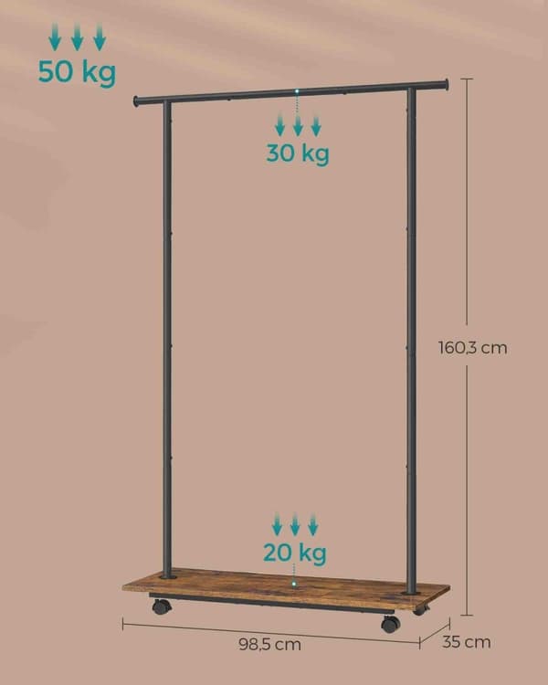 Rootz Vintage Ruskea-Musta Vaateteline - Vaateteline - Pyörivä vaatekaappi - Teräslastulevy - Heavy Duty - Kannettava - 35 cm x 98,5 cm x 160,3 cm