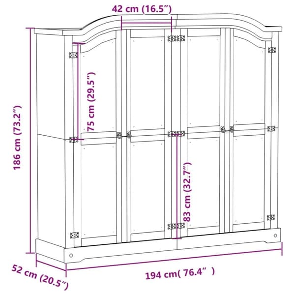 vidaXL klædeskab Corona 194x52x186 cm massivt fyrretræ