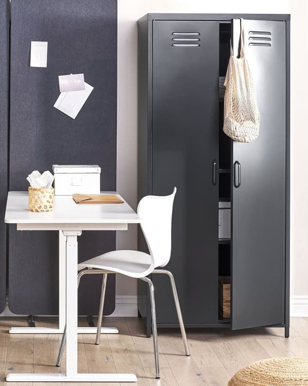 Garderobe mørkeblå stål industrielt look med låger 4 hylder hjemmekontormøbler