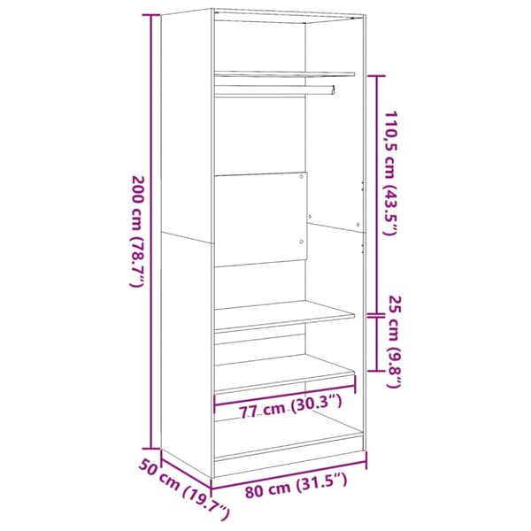 vidaXL Garderob sonoma-ek 80x50x200 cm konstruerat trä