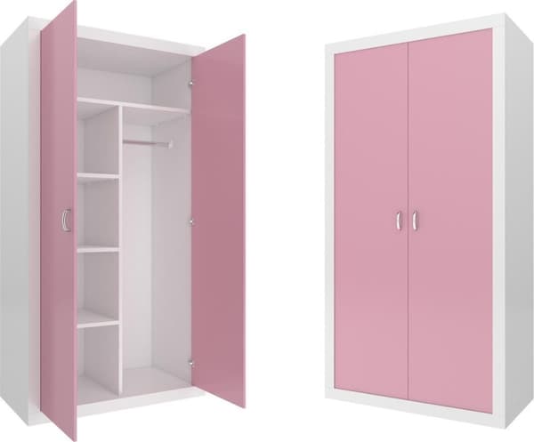 Børnegarderobe - 90x190x50 cm - hvid/lyserød - 2 døre