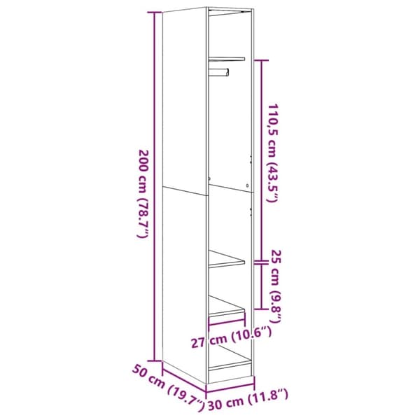 vidaXL Garderobe artisan eik 30x50x200 cm konstruert tre