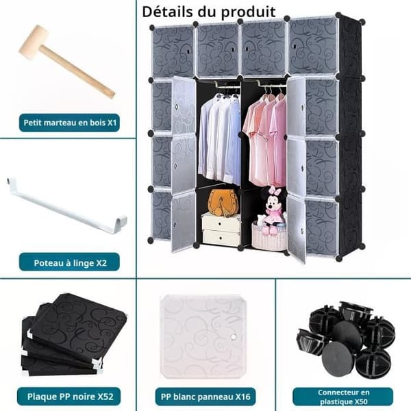 LARS360 DIY-garderob, hyllsystem, bokhylla, hopfällbar bärbar garderob med dörr (16 kuber med 2 klädskenor)