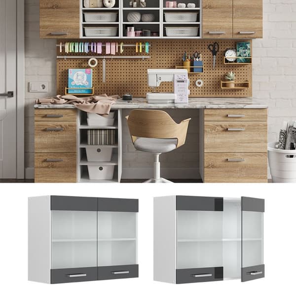 R-Line universal hängande skåp, 80 cm med glasdörrar, antracit Högglans, Vicco