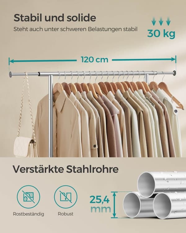 Säädettävä Rootz-vaateteline pyörillä - Vaateteline - Pyörivä vaatekaappiteline - Teräs ja muovi - 40 cm x (83-120 cm) x 156 cm - 2,9 kg