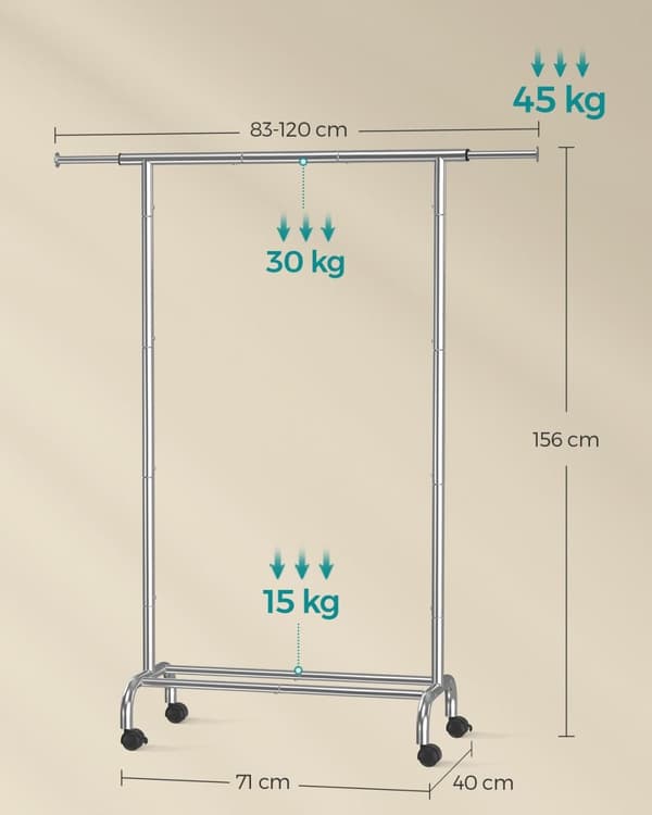 Säädettävä Rootz-vaateteline pyörillä - Vaateteline - Pyörivä vaatekaappiteline - Teräs ja muovi - 40 cm x (83-120 cm) x 156 cm - 2,9 kg