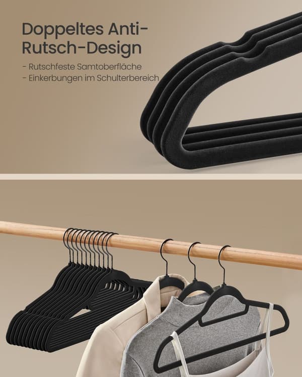 Rootz 50 Pack Velvet vaateripustimet - Musta - Vaatekaapin järjestäjä - Tilaa säästävä - 43,5 cm x 22,5 cm - 3,9 kg - 5 kg Kapasiteetti