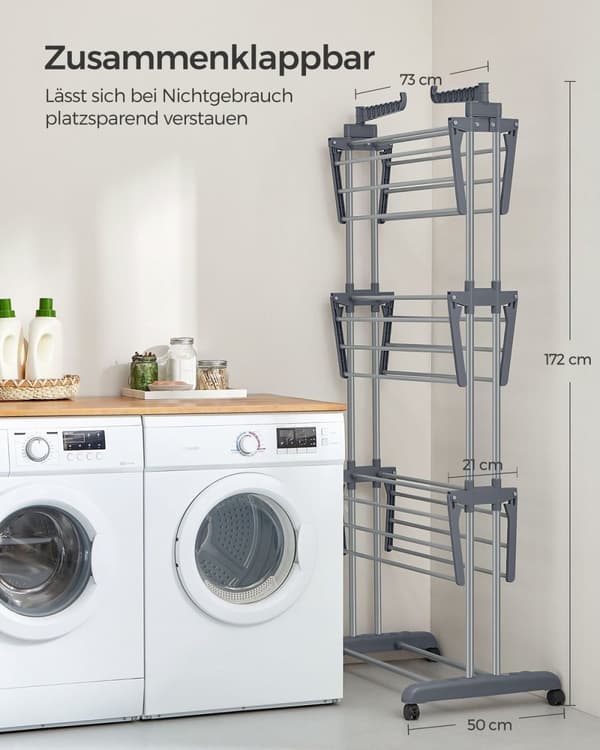 Rootz Grey Tørrestativ - Stål & Plast - Pladsbesparende design - Foldbart stativ - Stor tørrekapacitet - 64cm x 126cm x 172cm