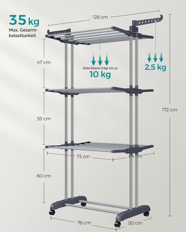 Rootz Grey Tørrestativ - Stål & Plast - Pladsbesparende design - Foldbart stativ - Stor tørrekapacitet - 64cm x 126cm x 172cm