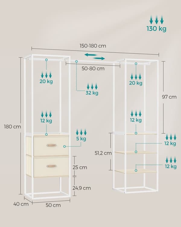 Rootz avoin vaatekaappi - Kannettava vaatekaappi - Säilytysjärjestelmä - Teräsrunko - 40cm x (150-180cm) x 180cm - Luonnollinen beige