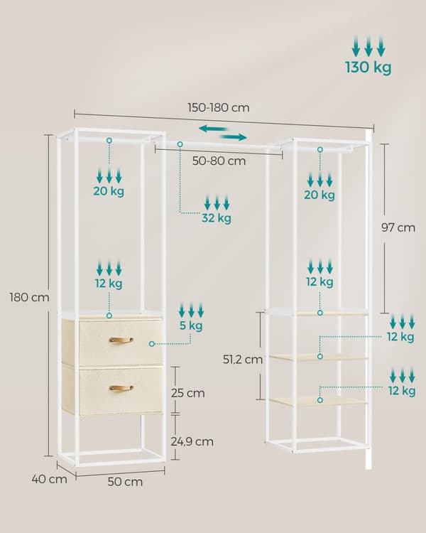 Rootz avoin vaatekaappi - Kannettava vaatekaappi - Säilytysjärjestelmä - Teräsrunko - 40cm x (150-180cm) x 180cm - Luonnollinen beige