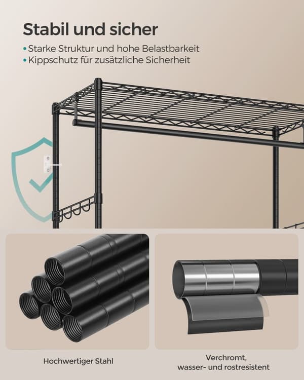 Rootzin teräsvaateteline - Vaateteline - Teräsvaatekaappi - Heavy Duty - 40 cm x 90 cm x 180 cm - Muste musta - 7,5 kg - 90 kg Kapasiteetti