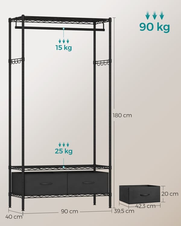 Rootzin teräsvaateteline - Vaateteline - Teräsvaatekaappi - Heavy Duty - 40 cm x 90 cm x 180 cm - Muste musta - 7,5 kg - 90 kg Kapasiteetti