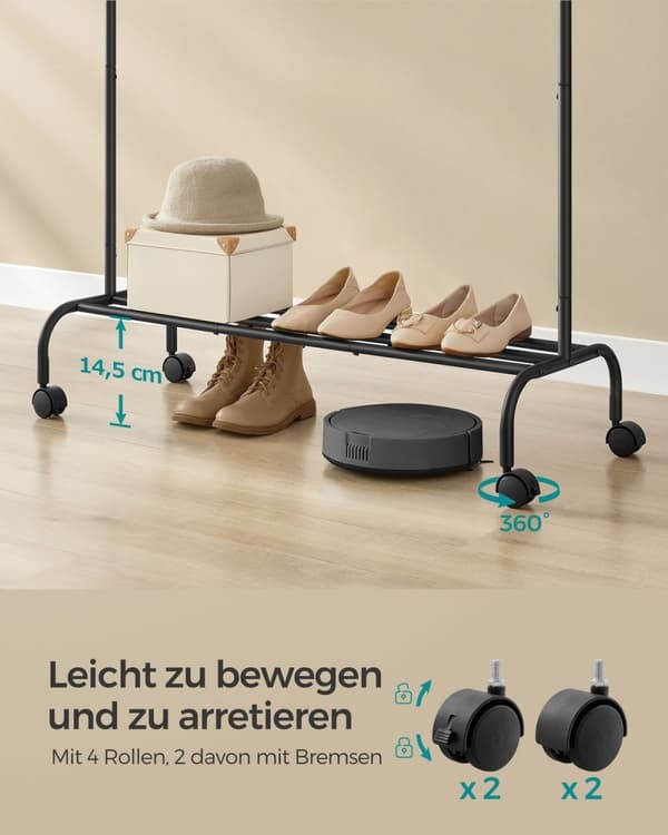 Rootz Steel Tøjstativ - Rullende tøjstativ - Garderobeholder - 41 cm x 103,5 cm x 155 cm - Heavy Duty - Sort