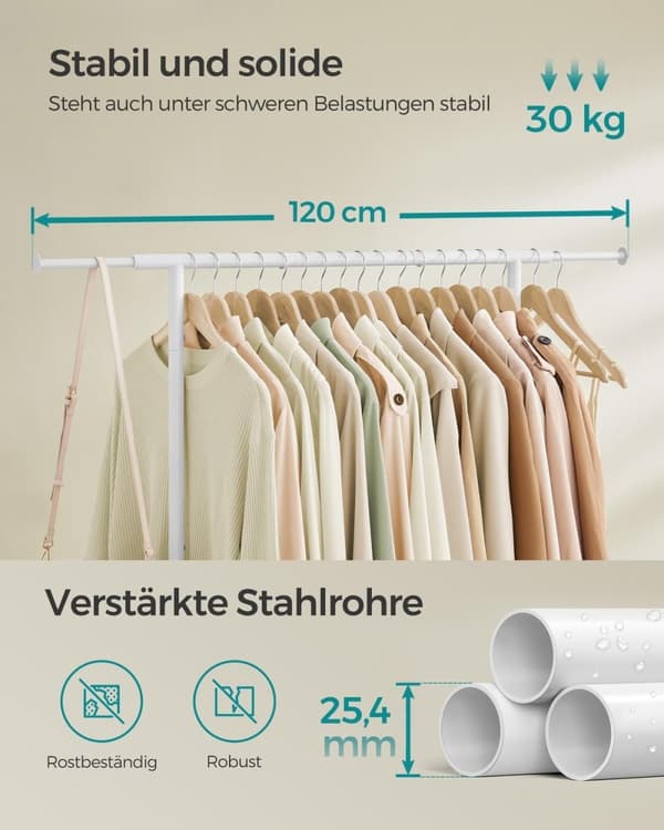 Rootz Rolling Vaateteline - Vaateteline - Vaateteline - Teräs ja muovi - 40cm x (83-120cm) x 156cm - Pilvivalkoinen - 2,9kg