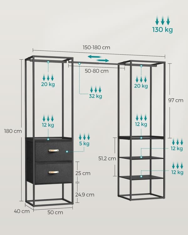 Rootz-vaatekaapin säilytysjärjestelmä - Kaappijärjestäjä - Suuri kapasiteetti - Teräs ja MDF - 40cm x (150-180cm) x 180cm