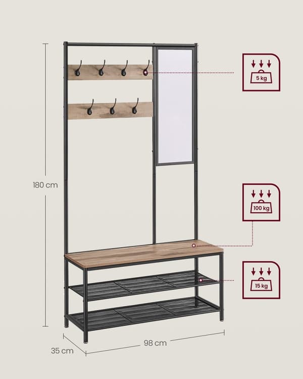 Rootz garderobeopbevaringssystem - Knagerække - Organisering af tøj - Spånplade og stål - 35 cm x 98 cm x 180 cm - Camel Brown Ink Black