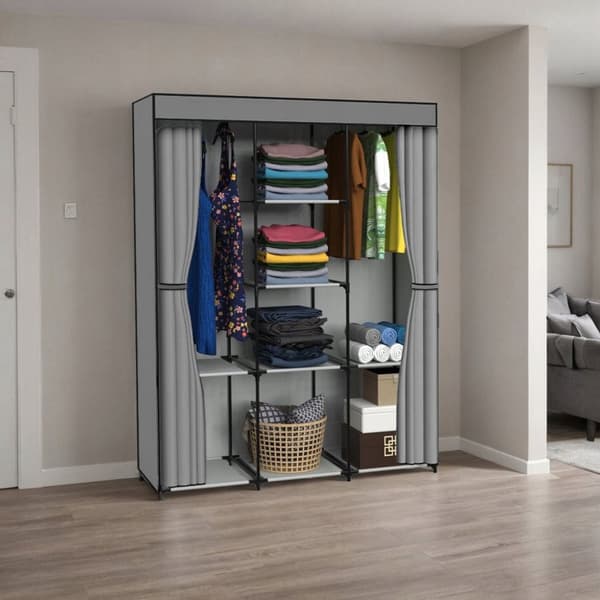 SONIA antracit tekstilgarderobe med 8 hylder og gardin