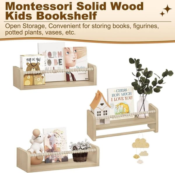 Rootz lasten seinähyllysetti - Kelluvat hyllyt lapsille - Montessori-kirjahylly - Mänty - 40/50/60cm x 15cm x 14cm - Kiinteä rakenne