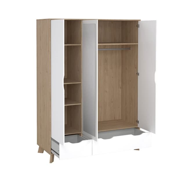 Ikast garderobeskap 201x148x58cm, 2 dører, 1 speildør, 2 skuffer eik dekor, hvit.
