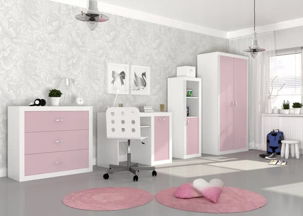 Kompakt trægarderobe til små rum, 90x50x190cm, 5 hylder & 2 døre, hvid & pink