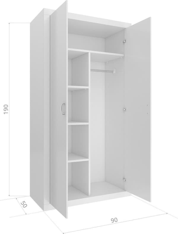 Kompakt trægarderobe til små rum, 90x50x190cm, 5 hylder & 2 døre, hvid & pink