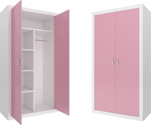Kompakt trægarderobe til små rum, 90x50x190cm, 5 hylder & 2 døre, hvid & pink