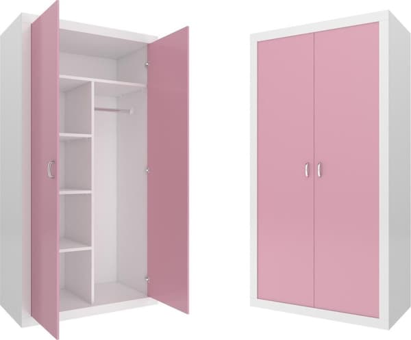 Legende hvid & lyserød trægarderobe til børn - 5 hylder, 1 bøjle, 2 døre - holdbart MDF & fyr
