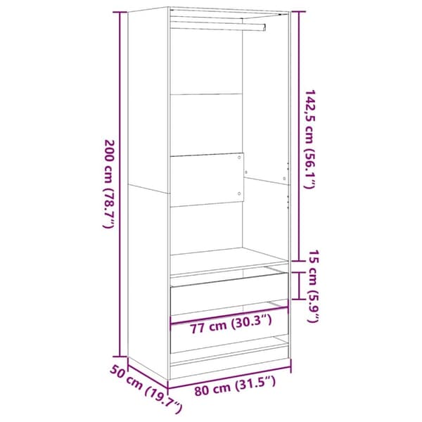 vidaXL Garderobe røkt eik 80x50x200 cm konstruert tre