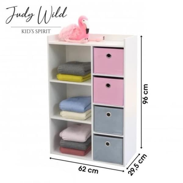 Möbel Förvaringsskåp Barn 3 Fack med 4 tyglådor Rosa och Grå Judy Wild - L.62 x b.29.5 x H.96 cm