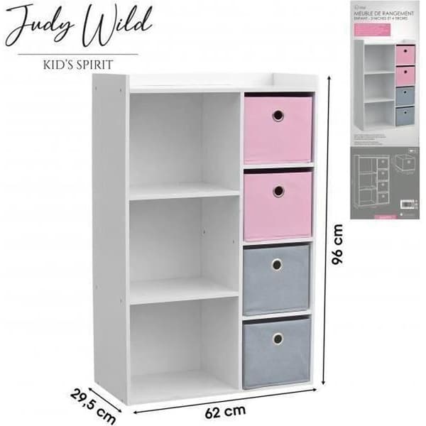 Möbel Förvaringsskåp Barn 3 Fack med 4 tyglådor Rosa och Grå Judy Wild - L.62 x b.29.5 x H.96 cm