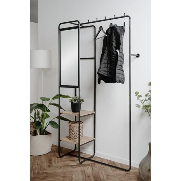Hallmöbler - LUTON - Metallstruktur - Svart / Hantverksek - 100 x 185 x 37 cm - 2 hyllor - 1 spegel